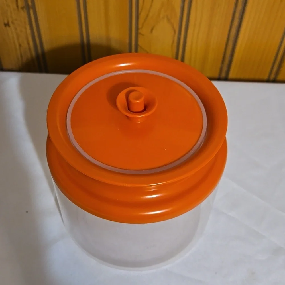 Vintage Tupperware 1477, Clear Acrylic Canister, Orange, Sealable Plunger Top
